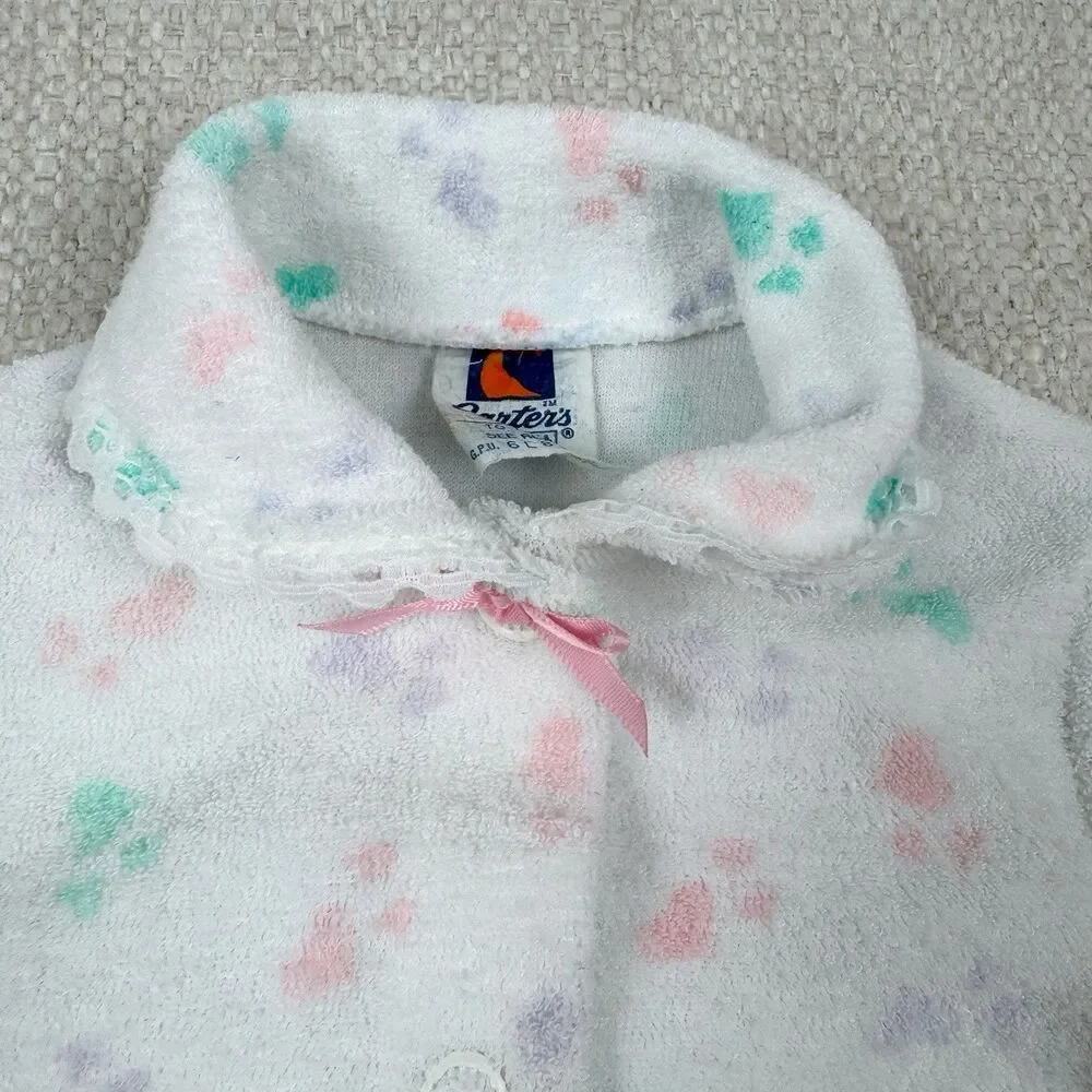 Vintage 80s Carters Terry Cloth Footed Pajamas Baby Girls 0-3 m Lace Trim Hearts